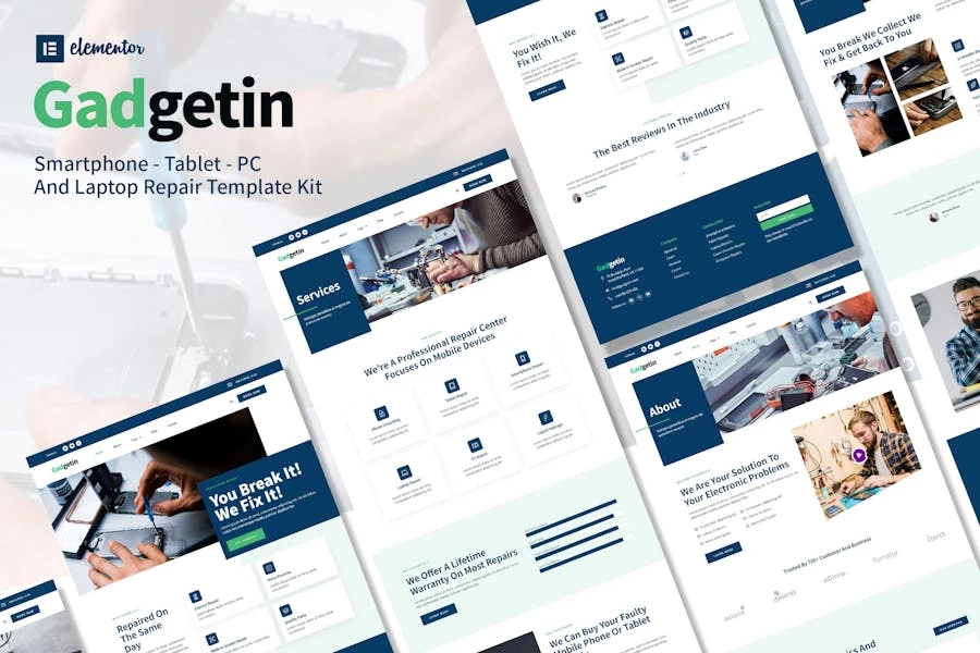Gadgetin – Template Kit Elementor para reparación de teléfonos inteligentes y computadoras
