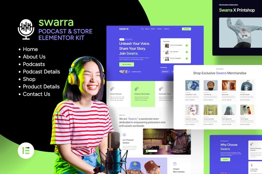 Swarra – Kit de plantillas para streaming de podcasts y tienda de artículos promocionales