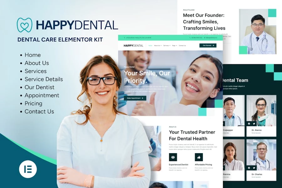 Happy Dental – Kit Elementor para el servicio de cuidado dental