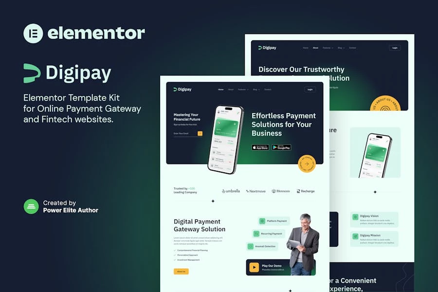 Digipay: pasarela de pago en línea y Template Kit Fintech Elementor