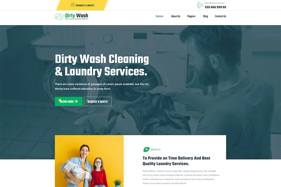 DirtyWash – Template Kit Elementor para servicio de tintorería y lavandería