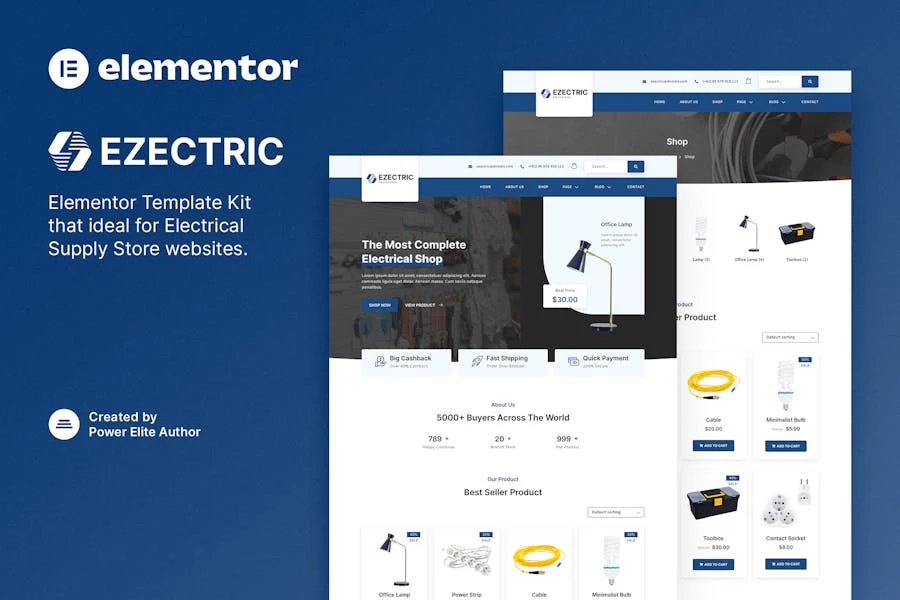 Ezectric — Template Kit Elementor para tienda de suministros eléctricos