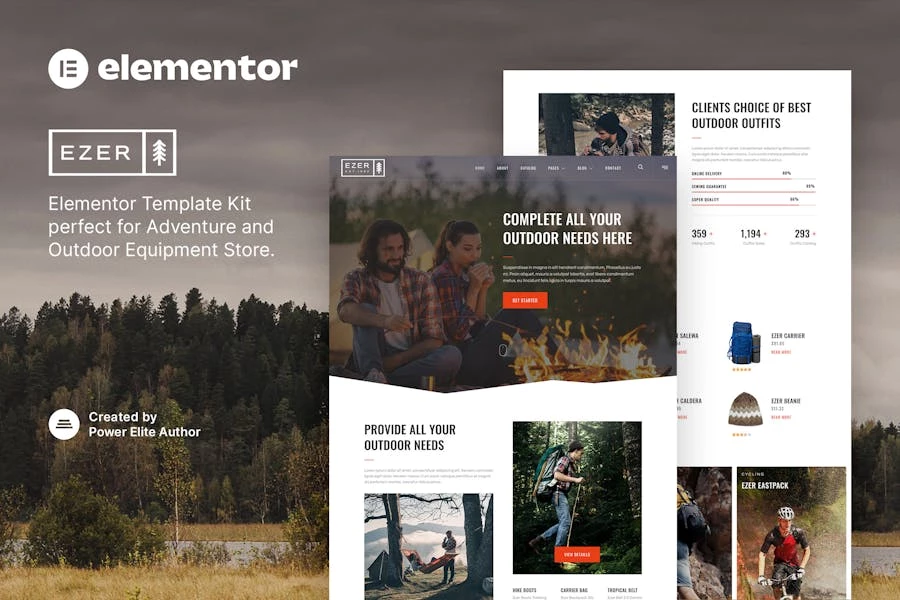 Ezer – Template Kit Elementor para tienda de equipos de aventura y exteriores