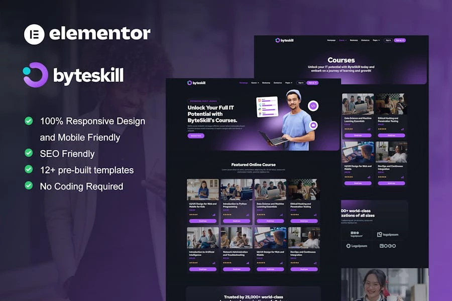 ByteSkill – Kit de plantillas Elementor Pro para cursos y educación en línea de TI