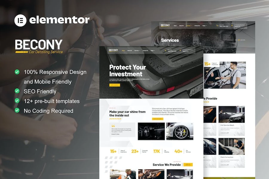 Becony – Template Kit Elementor para servicios de detalle de automóviles y reparación de automóviles