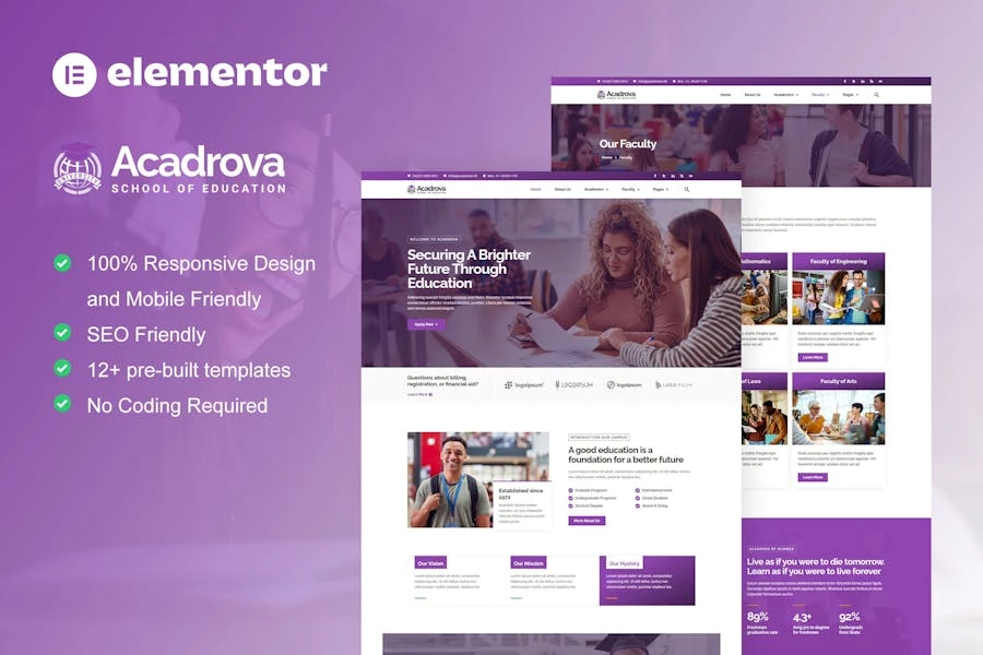 Acadrova – Template Kit Elementor Pro para educación universitaria y escolar