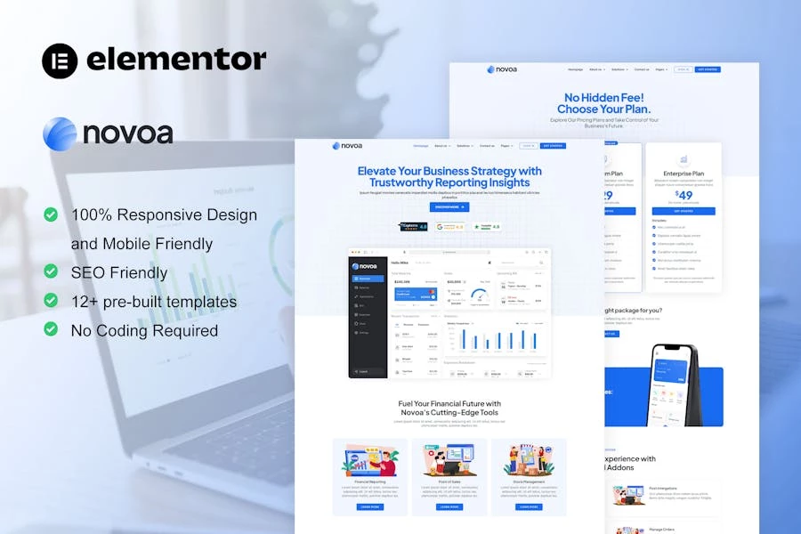 Novoa – Kit de plantillas Elementor para el servicio de software SaaS y finanzas