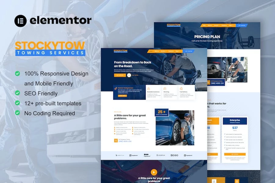 StockyTow – Kit de plantillas Elementor Pro para servicios de remolque