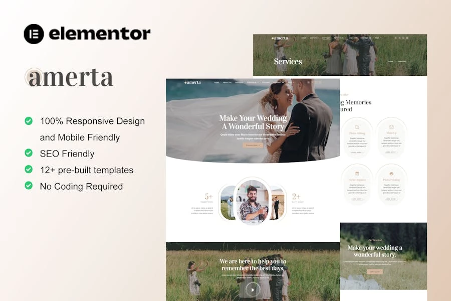 Amerta – Template Kit Elementor para servicio de fotografía de bodas