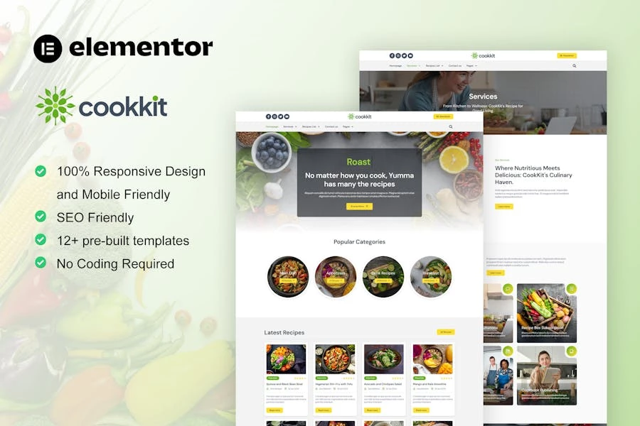 Cookkit – Kit de plantillas Elementor Pro para el servicio de recetas alimentarias y nutrición