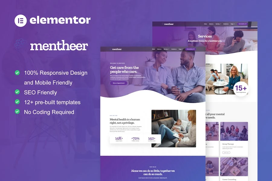 Mentheer – Template Kit Elementor Pro para terapia de salud mental