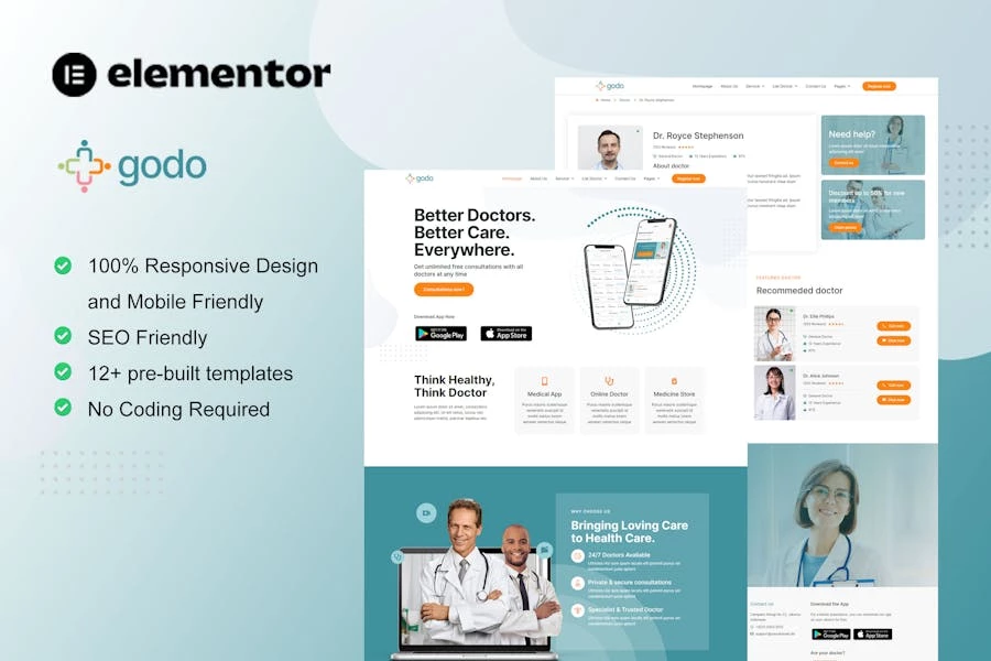 Godo – Template Kit de Saas Elementor para médicos y médicos