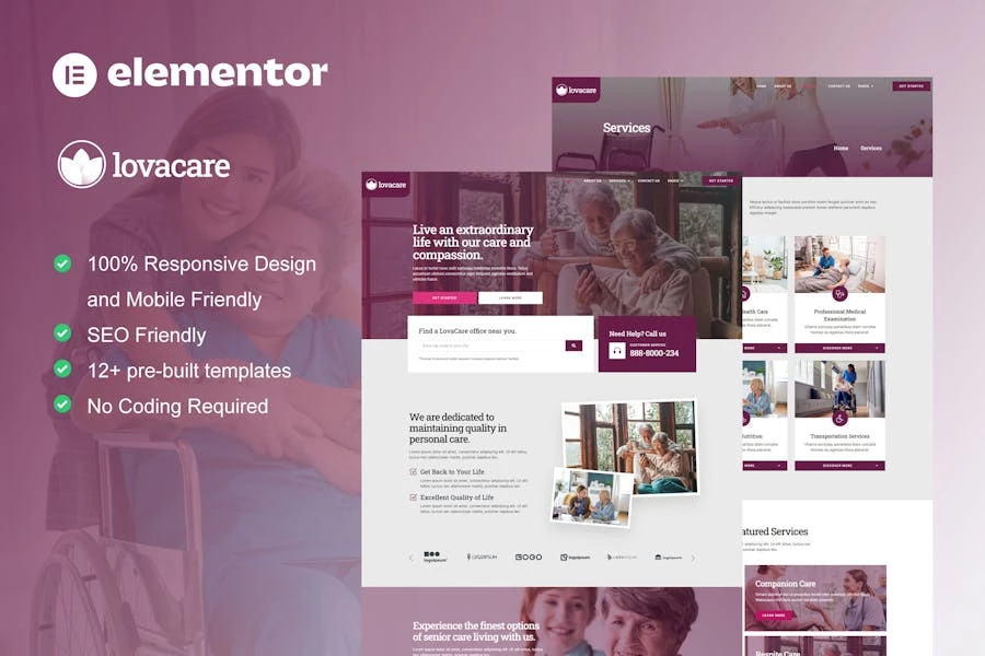 LovaCare – Template Kit Elementor para servicios de cuidado de personas mayores