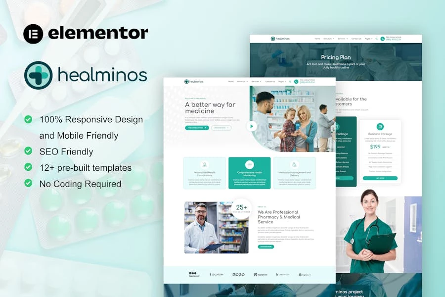 Healminos – Kit de plantillas Elementor para servicios médicos y de farmacia