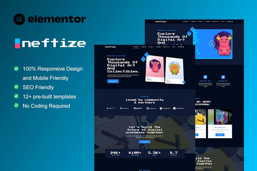 Neftize – Kit de plantillas Elementor para portafolios NFT y artículos digitales