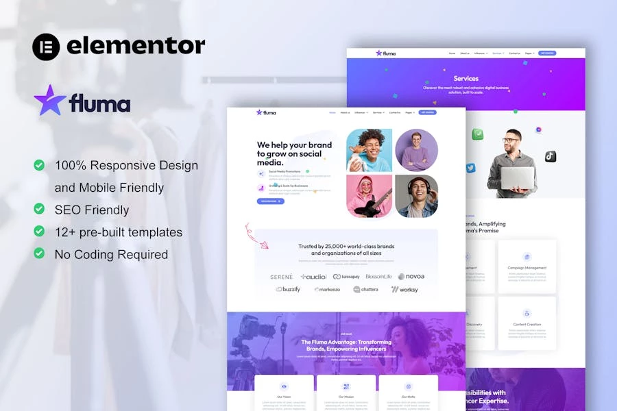 Fluma – Kit de plantillas Elementor Pro para la Agencia de Marketing de Influenciadores