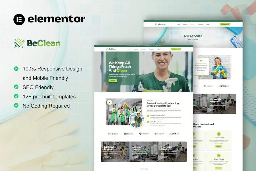 BeClean – Kit de plantillas Elementor Pro para empresas de servicios de limpieza