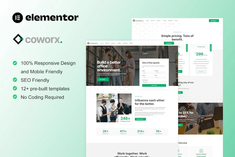 Coworx – Kit de plantillas Elementor para espacios de coworking y oficina virtual