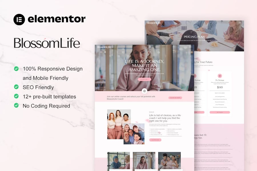 BlossomLife – Template Kit Elementor para entrenadores de vida y consultoría para mujeres