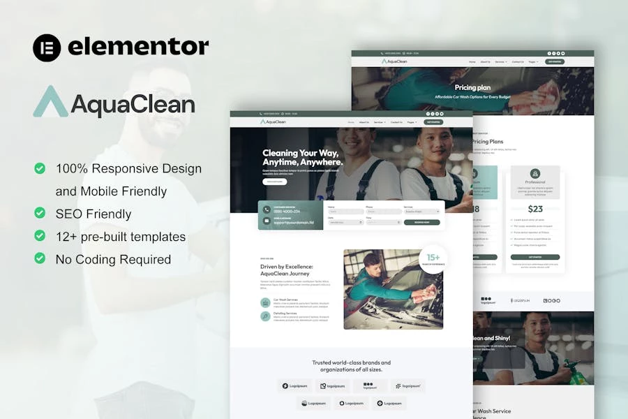 AquaClean – Kit de plantillas Elementor para servicios de lavado y limpieza de automóviles