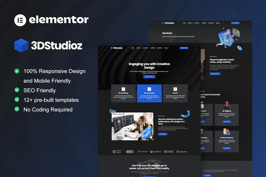 3dstudioz – Template Kit Elementor para estudio de diseño y animación 3D