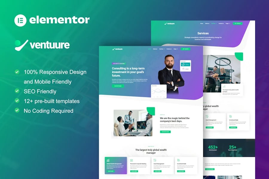 Ventuure – Template Kit Elementor para consultoría empresarial e inversión