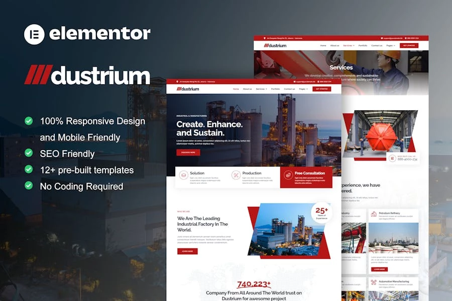 Dustrium – Template Kit Elementor Pro para aplicaciones industriales y de fabricación