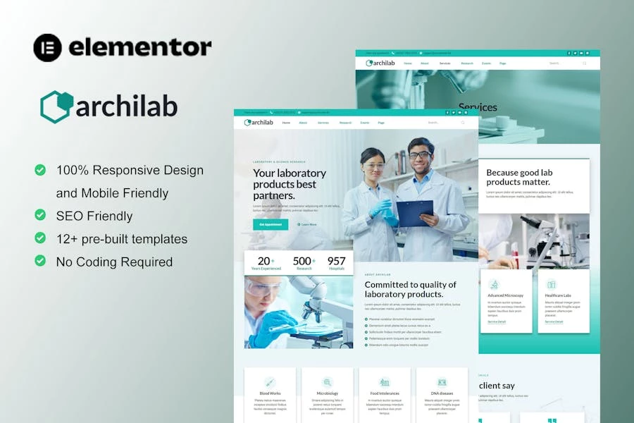 ArchiLab – Kit de plantillas Elementor Pro de investigación y laboratorio