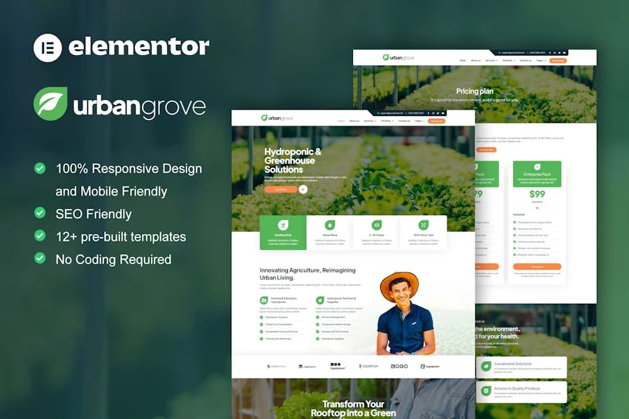 UrbanGrove – Kit de plantillas Elementor para hidroponía y agricultura