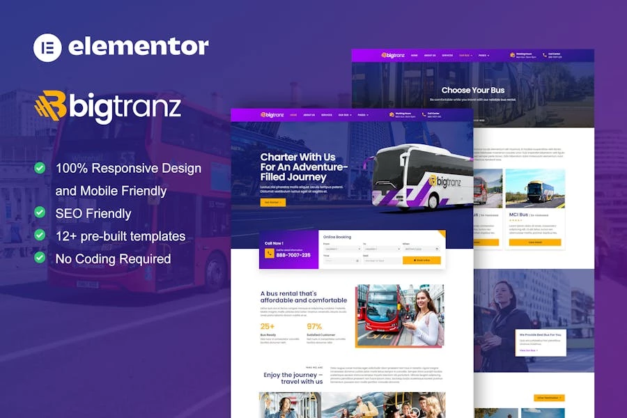 BigTranz – Template Kit Elementor para servicios de alquiler y alquiler de autobuses