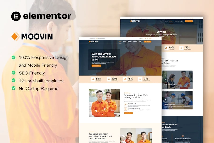 Moovin – Kit de plantillas Elementor Pro para empresas de mudanzas