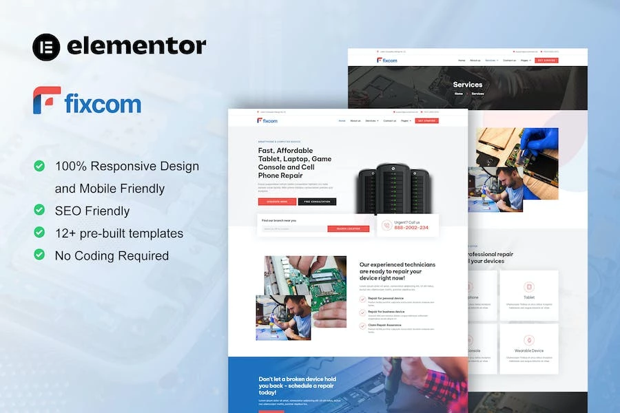 Fixcom – Template Kit Elementor para reparación de teléfonos móviles y computadoras