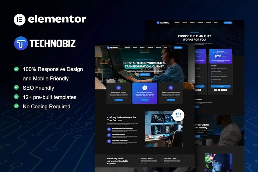 TechnoBiz – Kit de plantillas Elementor Pro para soluciones y servicios de TI