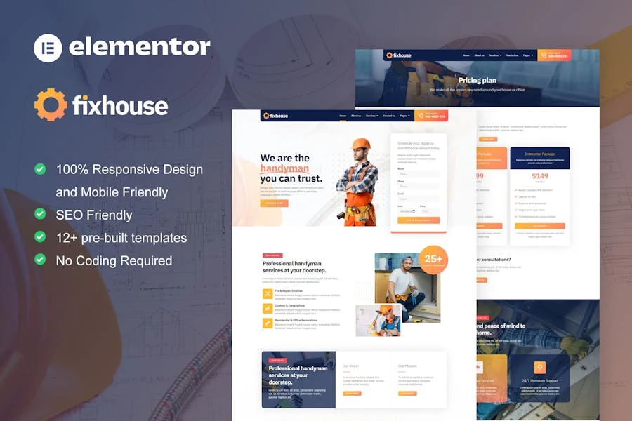 FixHouse – Template Kit Elementor para personal de mantenimiento y servicio de reparación