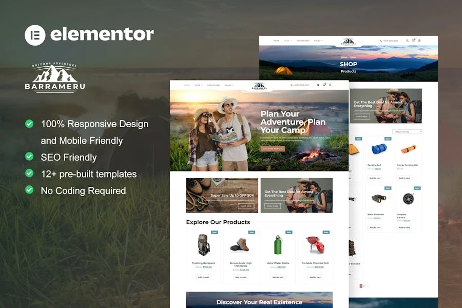 Barrameru – Template Kit Elementor Pro para tienda de acampada y aventura