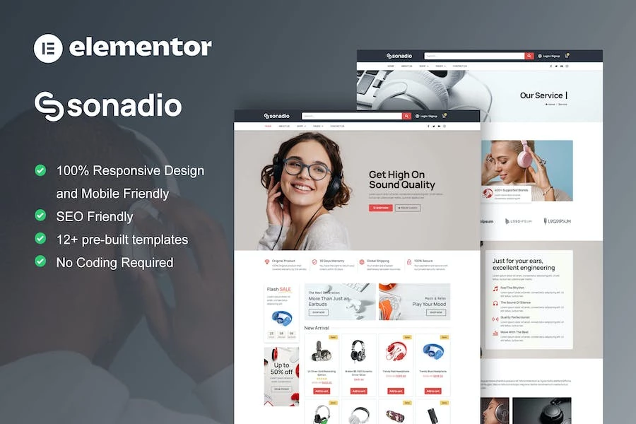 Sonadio – Template Kit Elementor Pro para tienda de audio de Woocommerce