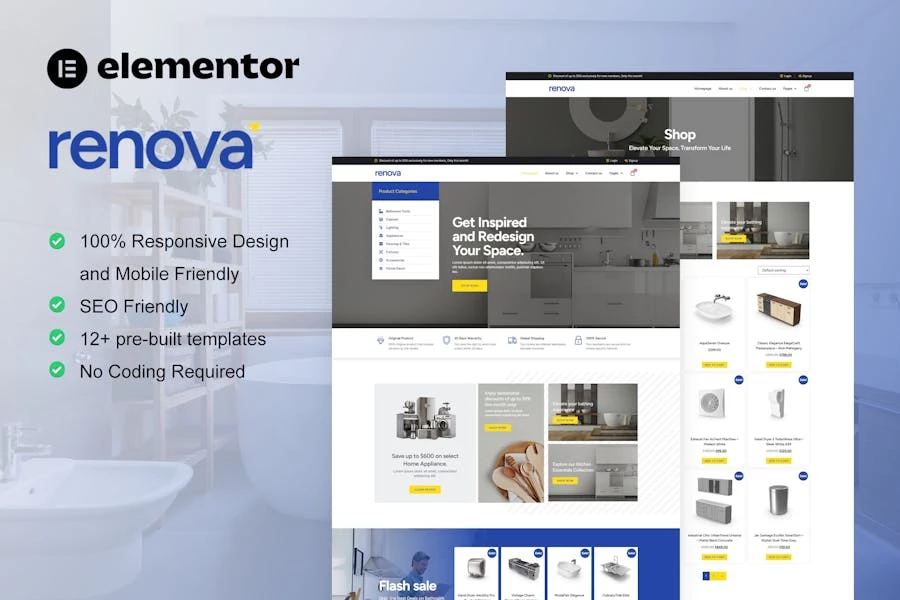 Renova – Kit de plantillas Elementor Pro para tienda de suministros de cocina, baño y renovación