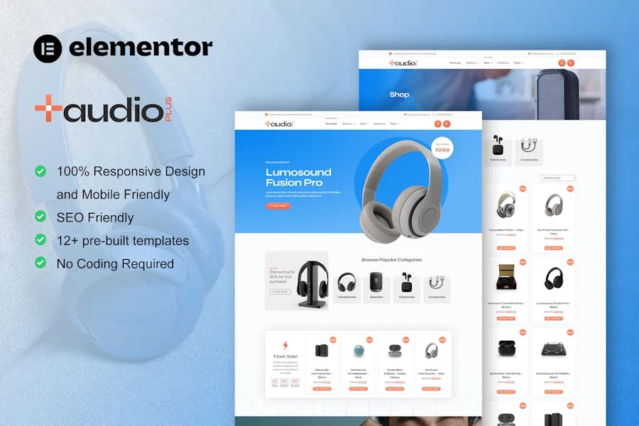AudioPlus – Kit de plantillas Elementor para WooCommerce para tienda de audio