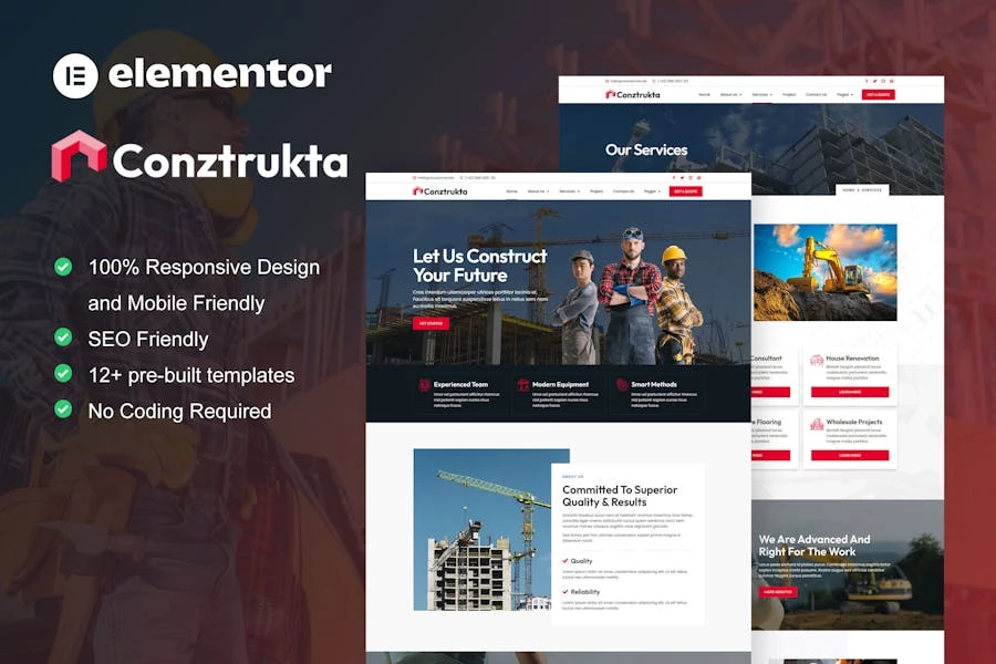 Conztrukta – Template Kit Elementor para servicios de construcción