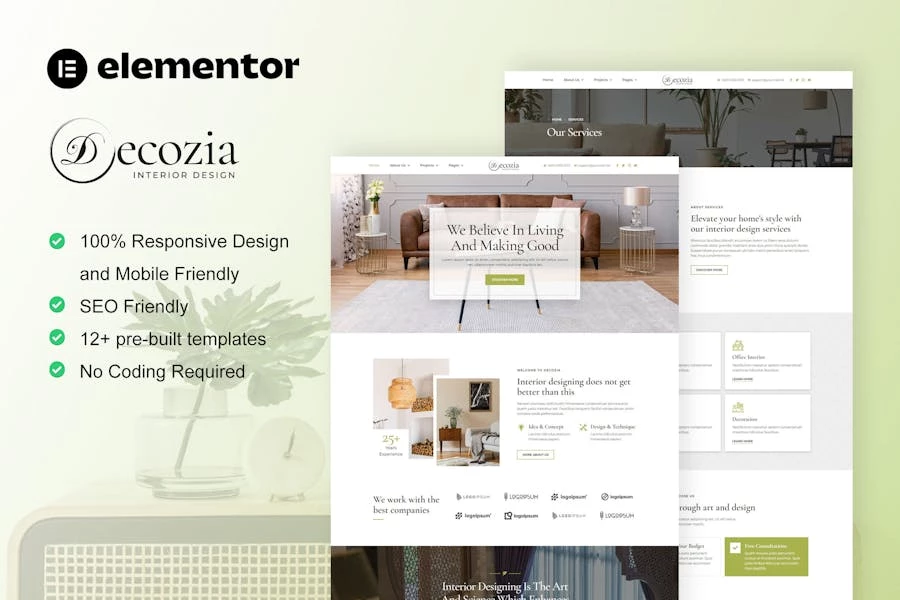 Decozia – Template Kit Elementor para servicios de diseño de interiores