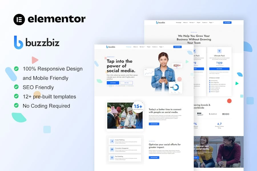 BuzzBiz – Template Kit Elementor Pro para Agencia de marketing en redes sociales
