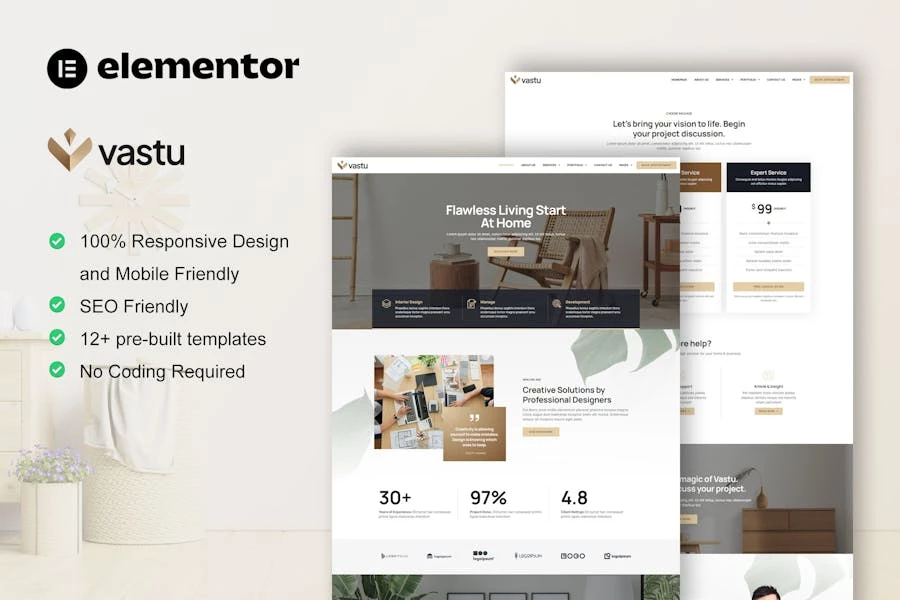 Vastu – Kit de plantillas Elementor Pro del Servicio de Diseño de Interiores