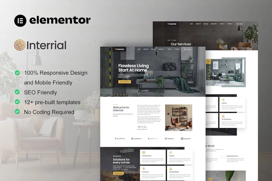 Interrial – Template Kit Elementor para servicios de diseño de interiores