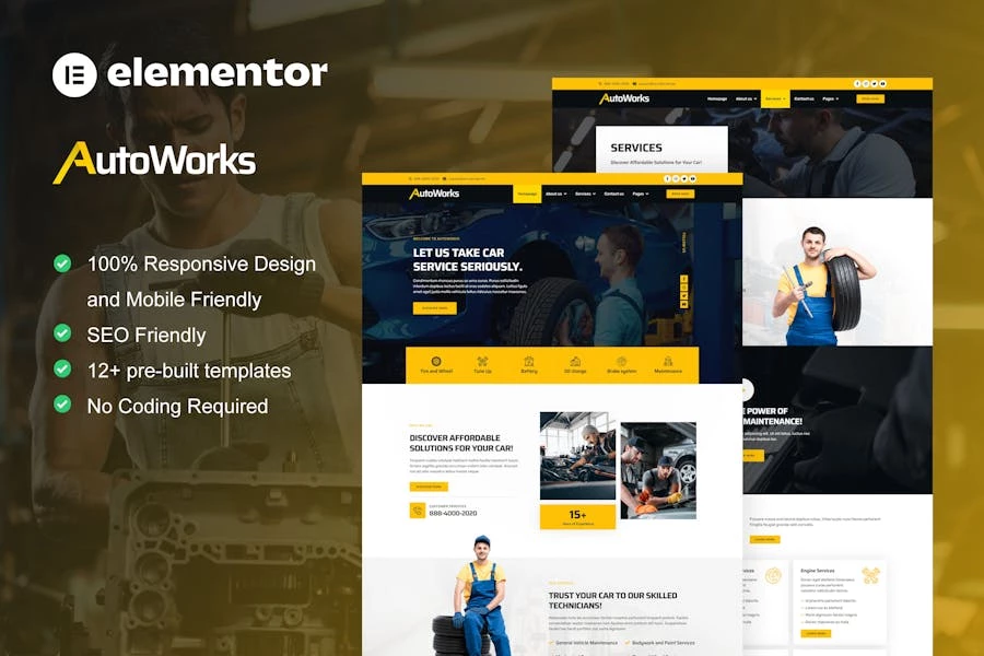 AutoWorks – Template Kit Elementor para reparación de automóviles y servicios de automóviles