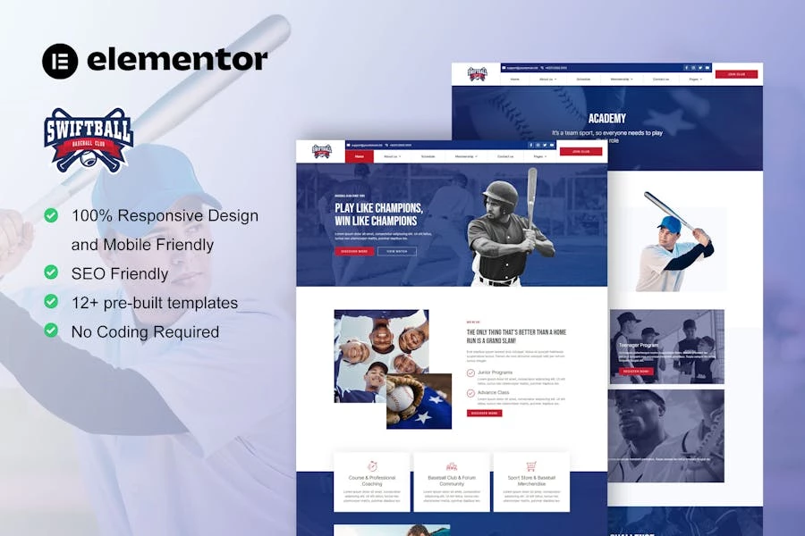 SwiftBall – Kit de plantillas Elementor Pro para equipos de béisbol y clubes deportivos