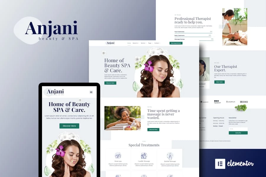 Anjani – Kit de plantillas Elementor para spa y belleza