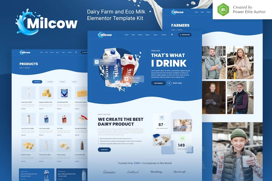 Milcow — Kit de plantillas Elementor para granja lechera y leche ecológica