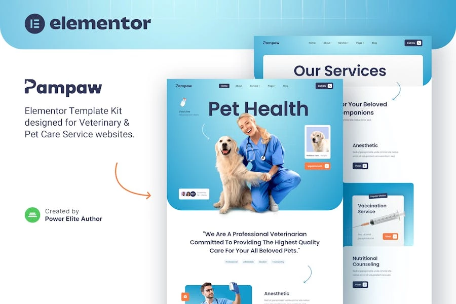 Pampaw — Template Kit Elementor para servicios veterinarios y de cuidado de mascotas