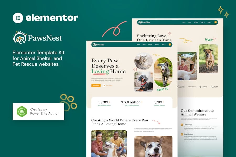 PawsNest — Kit de plantillas Elementor para refugios de animales y rescate de mascotas