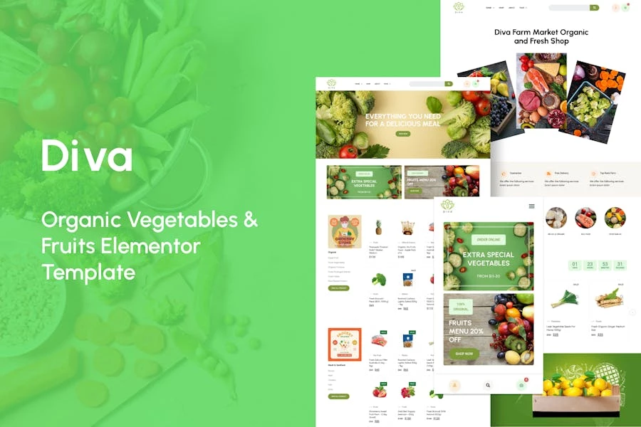 Diva – Template Kit Elementor de verduras y frutas orgánicas